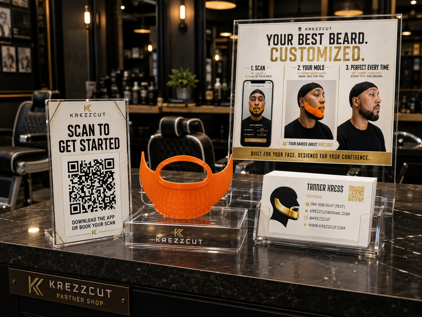 KrezzCut partner display arranged on a barbershop counter with a clear beard mold holder, QR sign, service poster, and business cards